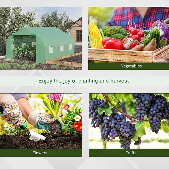 Outsunny 12' x 10' x 7' Outdoor Walk-in Greenhouse, Tunnel Green House with Roll-up Windows, Zippered Door, PE Cover, Heavy Duty Steel Frame, Green