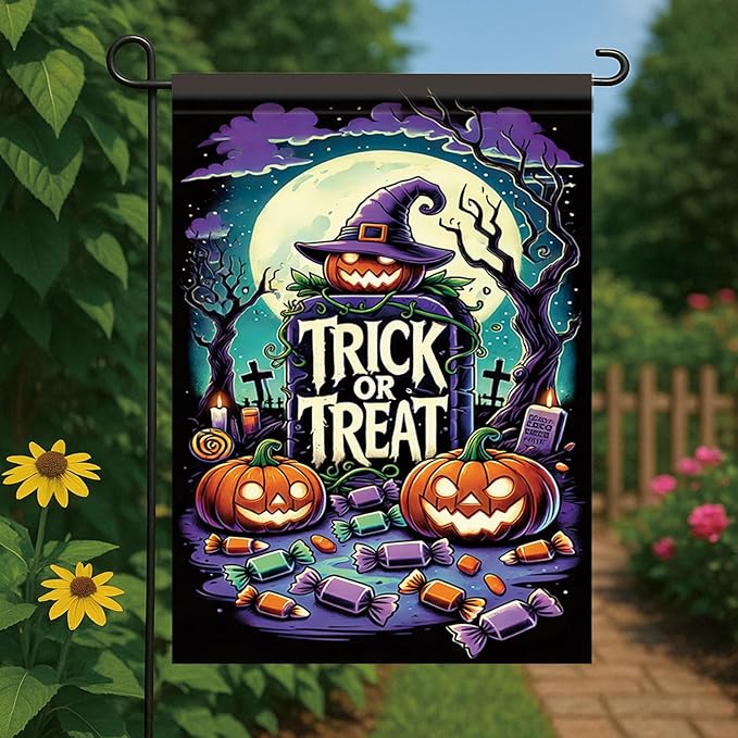 Halloween Garden Flag Pumpkin Witch Hat Trick or Treat Flag 12x18 Inch Double Sided Outdoor Yard Banner for Halloween Haunted House Spooky Decoration Decor