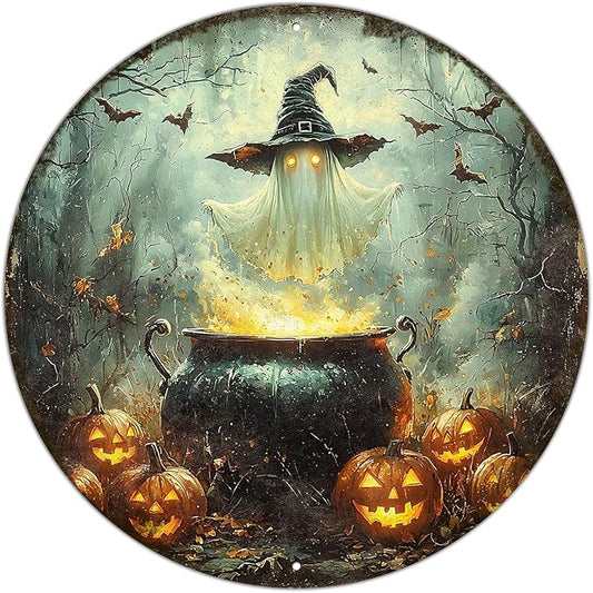 PEACHGARDEN Round Halloween Spooky Ghost With Witch Hat Wreath Vintage Sign Halloween Pumpkin Metal Tin Sign for Home Bar Kitchen Hotel Dining Room Coffee 8x8inch