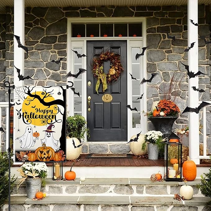 ChloropLastid Happy Halloween Ghost Garden Flag Double Sided 12x18 Inch Halloween Pumpkin Holiday Outside Outdoor Decorations Burlap Yard Flag