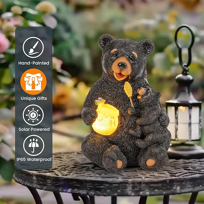 GIGALUMI Solar Garden Statues Loving Bear Figurine Lights for Outside, Yard Decorations Outdoor, Garden Decor Unique Birthday Housewarming Gifts for Mom, Women, Black