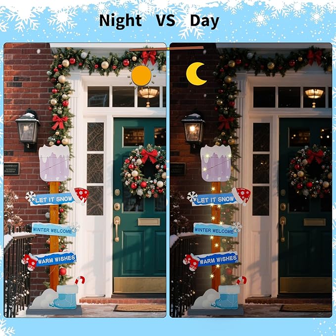 Lighted Let It Snow Winter Welcome Porch Sign, Christmas Wood Snow Shovel Warm Wishes Standing Sign Decorations,Xmas Hat Gloves Candy Cane Sign For Indoor Outdoor Yard Decor