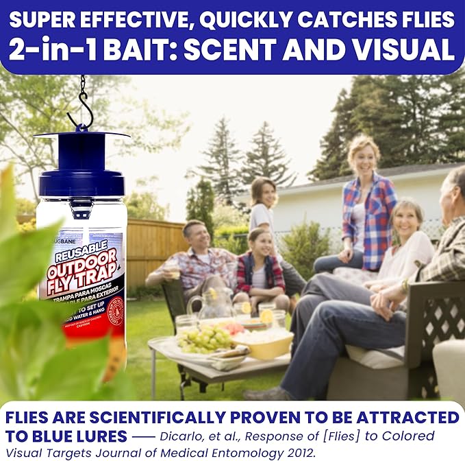 2 Fly Traps Outdoor Fly Trap for Patio with 4 Non-Toxic Dissolvable Bait Refills Plus 5 Sticky Ribbons. Reusable Hanging Bug Catcher Killer for All Filth Flies for Outside Bug Control Yard Ranch.