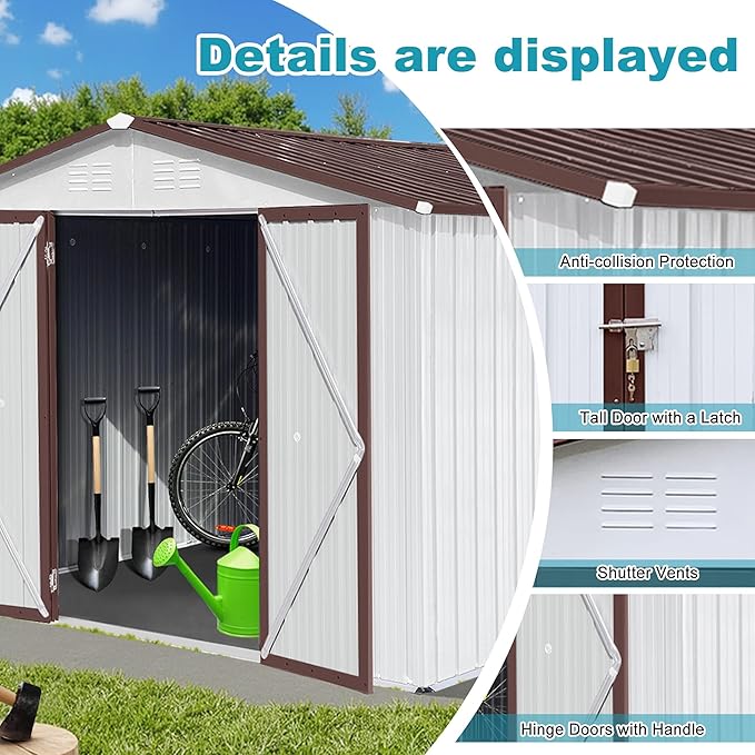 Sheds & Outdoor Storage 12 ft × 10 ft Storage Shed Large Classic Apex Roof Metal Garden Storage Sheds with Hinged Door Tool Cabinet for Backyard, Patio, Poolside, White + Coffee