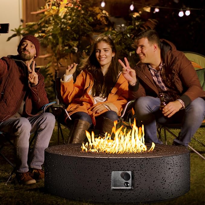 SUNBURY 42in Round Propane Outdoor Fire Pit, Gas Patio Fire Table 50,000 BTU Concrete Travertine Design, CSA Certified, Circular Base Firepit with Lava Rocks, Waterproof Cover (Brown)