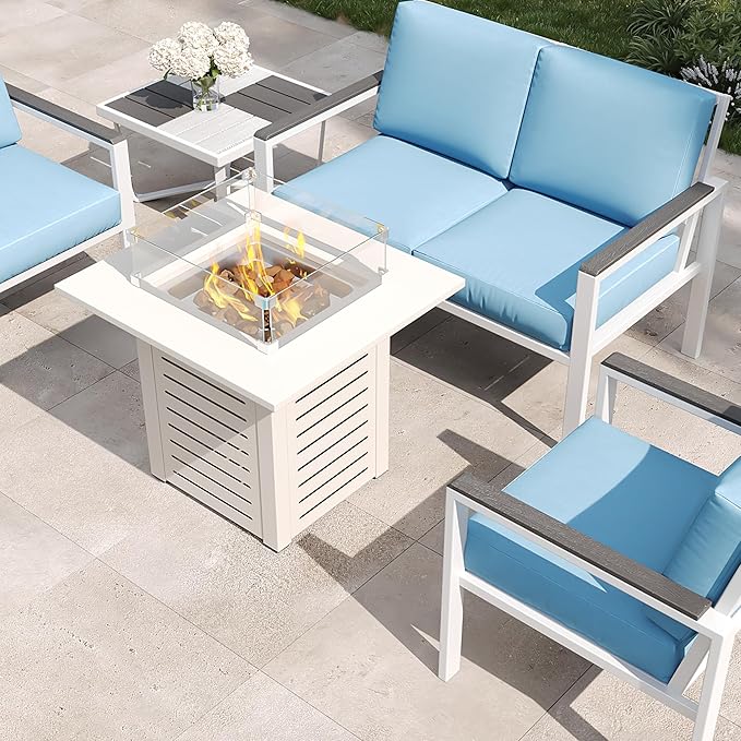 MBY 28'' Propane Fire Pit Table, 50,000 BTU Steel Gas Firepit for Outdoor Patio Deck and Garden, CSA Certified Fire Pit with Lid, Waterproof Cover, Glass Wind Guard and Lava Rock, Beige