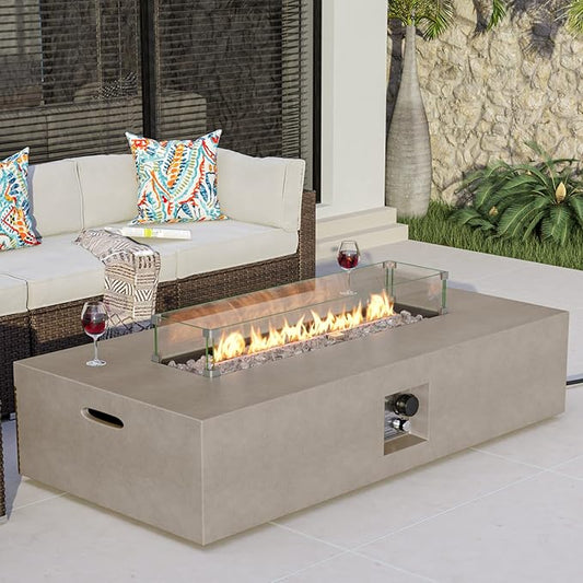 COSIEST Outdoor Propane Fire Pit Table, 56-inch x 28-inch Rectangle Gray Concrete-Like Finish, CSA Certified, 50,000 BTU Stainless Steel Burner w Transparent Gray Fire Glass, Wind Guard, Raincover