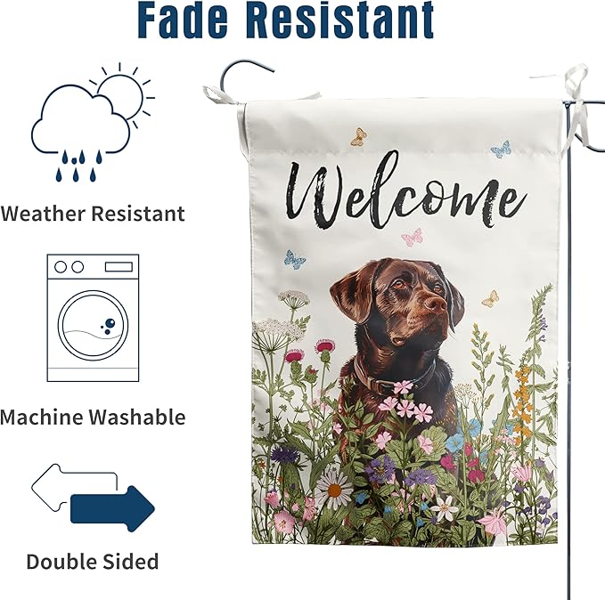 Spring Summer Garden Flag Floral Chocolate Lab Yard Flag Flower Labrador Dog Garden Flags for Outside Small Outdoor Welcome Flags 12x18 Double Sided