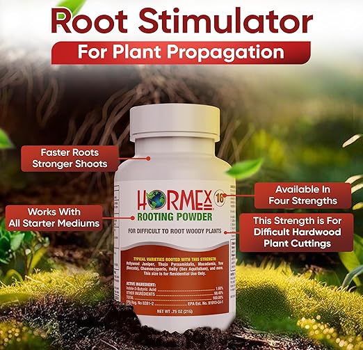 Hormex Rooting Powder #16 (1.60 IBA) - Rooting Hormone for Difficult Hardwood & Tree Cuttings - Root Growth Stimulator for Plant Cloning - Strong Roots for Maximum Propagation Success