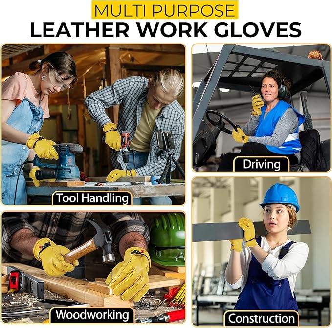 HANDLANDY Men Leather Gardening Gloves, Utility Work Gloves for Mechanics, Construction, Driver