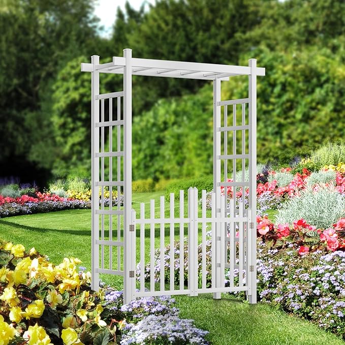 VINGLI Garden Arbor with Gate, PVC Wedding Arch for Ceremony Party, Garden Trellis for Climbing Plants Outdoor, Arch Backdrop Stand for Garden, Backyard, Lawn, Wedding