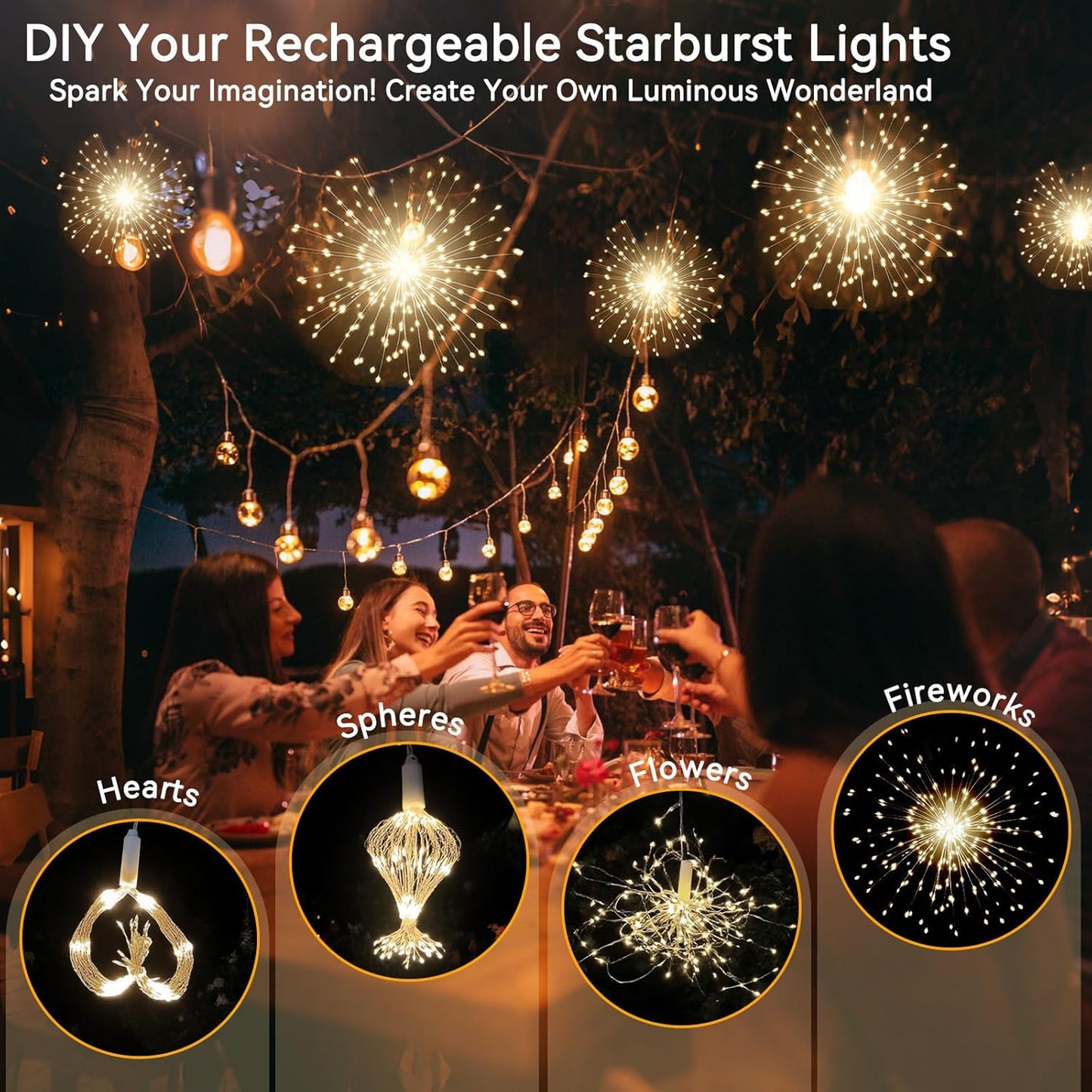 SeaShine 1200LED Fireworks Lights Outdoor, Rechargeable Hanging Fairy Starburst Lights, Waterproof Smart Firework Light with Remotes, 8 Modes, Timer for Garden Weddings Outdoor Christmas Decor 6 Pack
