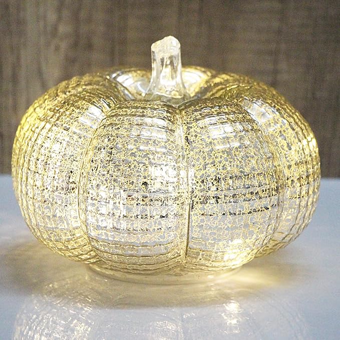 Mercury Glass Pumpkin Lights with Timer, Battery Operated Led Pumpkin Lights for Halloween Fall,Thanksgiving Rustic Decor (Silver Grid-Patterned, 5.5")
