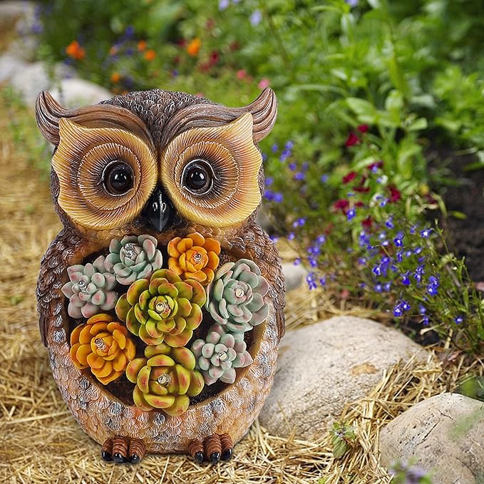 FORUP Owl Garden Statue, Resin Owl Figurine Garden Lawn Ornaments with Solar LED Lights for Outdoor Yard Garden Decorations