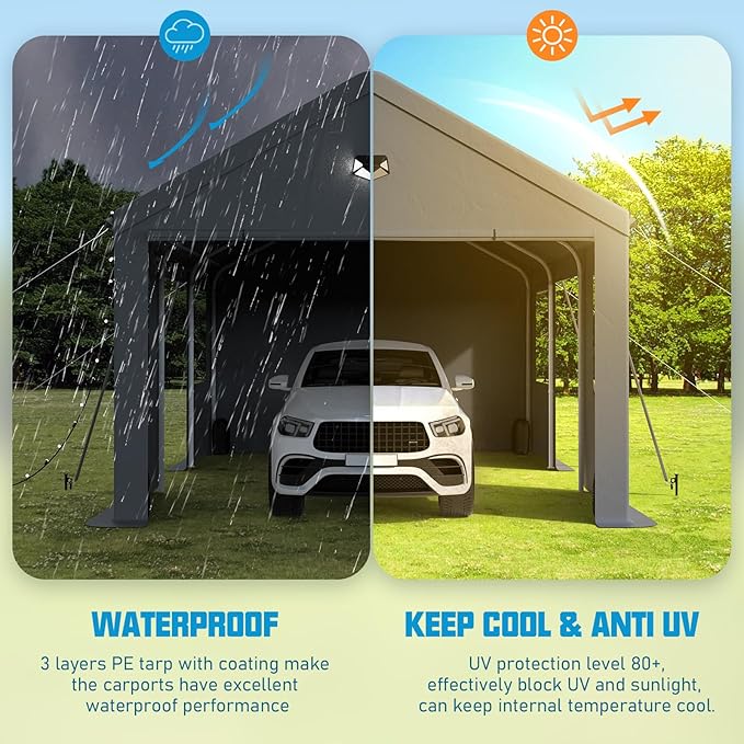 10x20 Carport, Heavy Duty Carport Canopy Garage with Removable Sidewalls and Drive Through Roll Up Zipper Doors & Side Doors, Grey