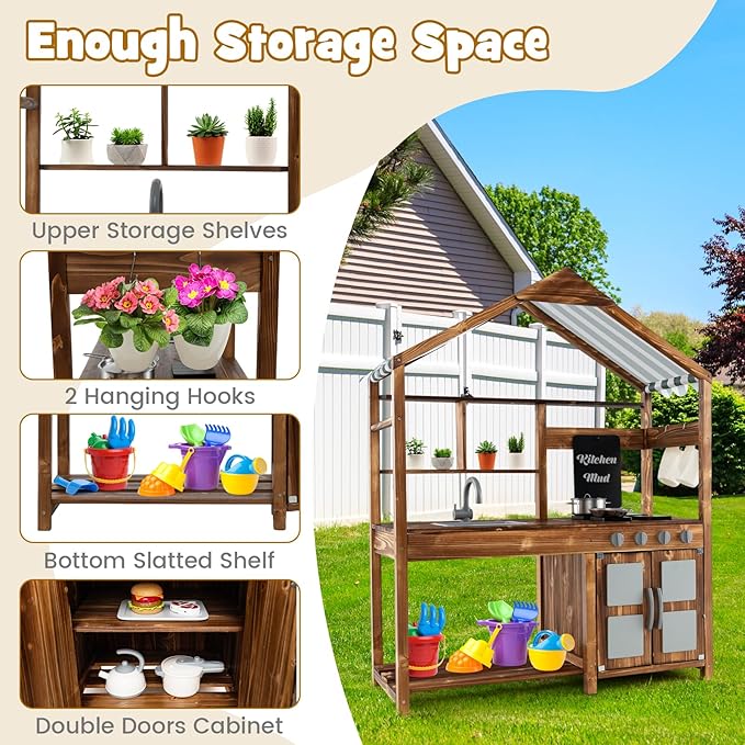 HONEY JOY Mud Kitchen with Canopy, Fir Wood Play Kitchen for Toddlers, Garden Sink, Stoves, Chalkboard, Storage Cabinet, Flowerpot, Outside Kitchen Playset, Mud Kitchen for Kids Outdoor Backyard