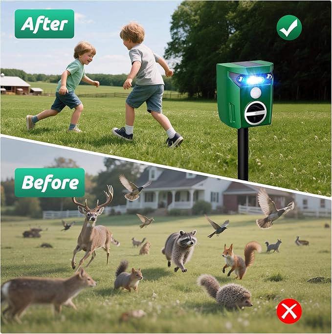 2 Pack Solar-Powered Ultrasonic Animal Repellent Outdoor, Deer Repellent Devices with Motion Sensor, Waterproof Deer, Cat, Raccoon, Coyote, Rabbit Deterrent for Yard, Garden, Farm