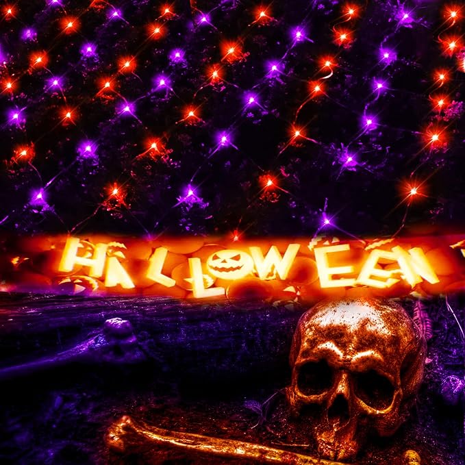 LED Net Light Halloween Decor Mesh Lights, 240LED Timer Tree Warp Fairy Lights Outdoor Hanging String Light for Home, Bedroom, Christmas, Garden, Walkway, Bushes Decor-9.8ft x 6.6ft(Purple&Orange)