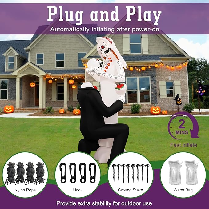 Halloween Inflatables Giant 8Ft Tall Skeleton Couple Day of The Dead Outdoor Decorations, Spooky Blow Up Skull Lovers Yard Decor Built-in 10 LED Lights for Outside Party Lawn Garden