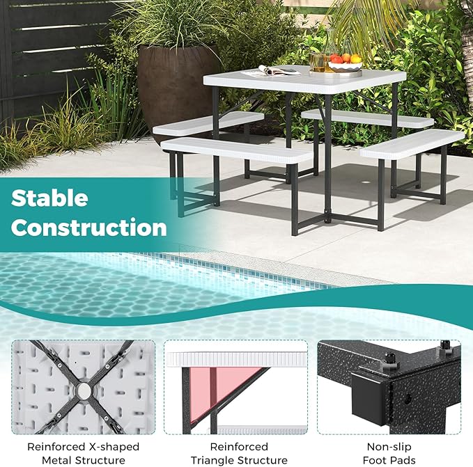 Giantex Picnic Table Bench Set for 4-8 People, 34" Outdoor Square Dining Table & 2 Benches w/Umbrella Hole, HDPE Tabletop, Metal Frame, Patio Camping Furniture for Backyard Porch Lawn (White,Square)