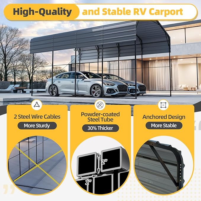 EROMMY 14x20 FT RV Metal Carport, Heavy Duty Carports with Reinforced Steel Frame, Weather-Resistant Galvanized-Steel Roof Shelters, Outdoor Car Shed for 2 Vehicles, Truck, Boat and SUV, Gray