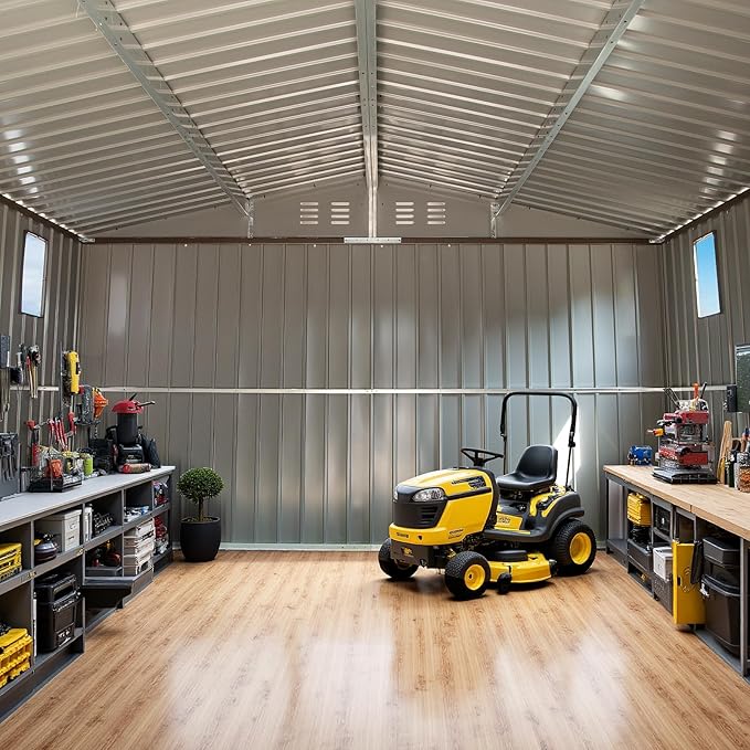 10x12 Ft Large Outdoor Storage Shed, Dark Grey Metal Garden Outdoor Storage Workshop Shed with Lockable Doors, Windows, Air Vents, Waterproof for Backyard, Mower Storage, Backyard, Lawn, Patio