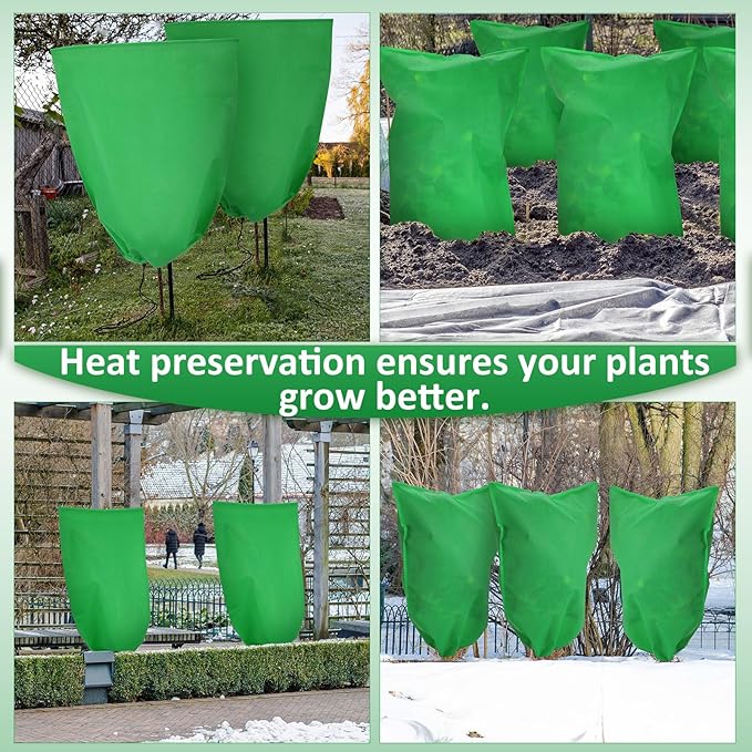 12 Packs Winter Plant Covers Freeze Protection Drawstring Tree Cover 23.62 x 31.5 in Large Reusable Frost Protection for Plants Fruit Tree Shrub, Outdoor Prevention Bag(Dark Green)