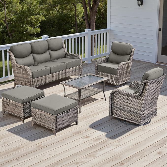 Wicker Outdoor Patio Furniture Set - 6 Piece Patio Conversation Sets with Swivel Rocker Chairs, Ottomans, Sofa and Table, 6 inch Cushions, Deep Seating, for Porch Deck Mixed Grey/Grey