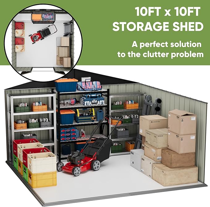 Patiowell 10 x 10 FT Outdoor Storage Shed with Floor Frame, Metal Yard Shed with Design of Lockable Doors, Utility and Tool Storage for Garden, Patio, Backyard, Outside use, Gray