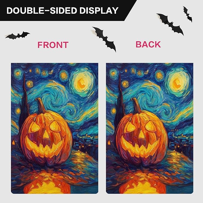 Starry Night Ghost Pumpkin Garden Flag Halloween Holiday Garden Flag Vertical Double Sided Rustic Farmland Burlap Yard Lawn Outdoor Decor 12.5x18"