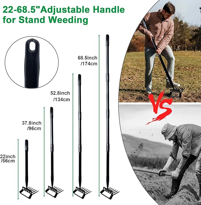 6-Tines Rake and Stirrup Hoe, Metal Garden Hula Hoes Tiller Rake Tool with Adjustable Long Handle, Action Scuffle Loop Hoe for Weeding, Digging, Loosening Soil