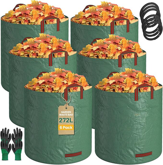 EsLuker.ly 6 Pack Garden Lawn Leaf Waste Bags, 71 Gallons Reusable Yard Litter Bag with 2 Pairs Gardening Gloves, Heavy Duty Trash Containers with Handles for Outdoor Cleanup, Ideal for Homeowners
