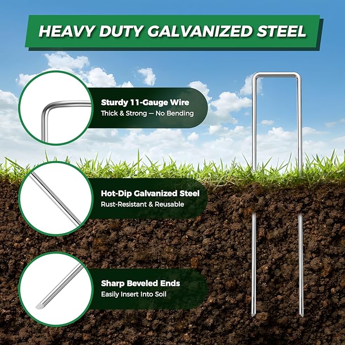 50Pcs Landscape Fabric Pins+50Pcs Gasket+Pick Hook+Rubber Mallet, 6 Inch Landscape Fabric Staples 11 Gauge U Shaped Galvanized Landscape Pins Yard Ground Pin for Weed Barrier Sod Fabric Decoration