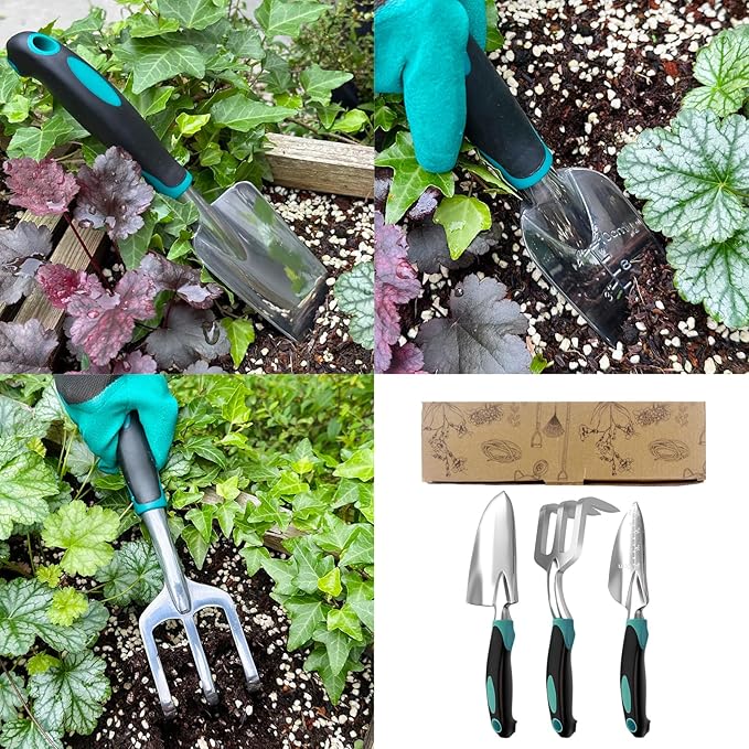 Garden Tool Set, Garden Trowel and Rake, Heavy Duty 3 Piece Gardening Tools, Non-Slip Rubber Grip, Outdoor Hand Tools, Essential Tool Set for Gardening Gifts for Mother Father Men Women Gardeners