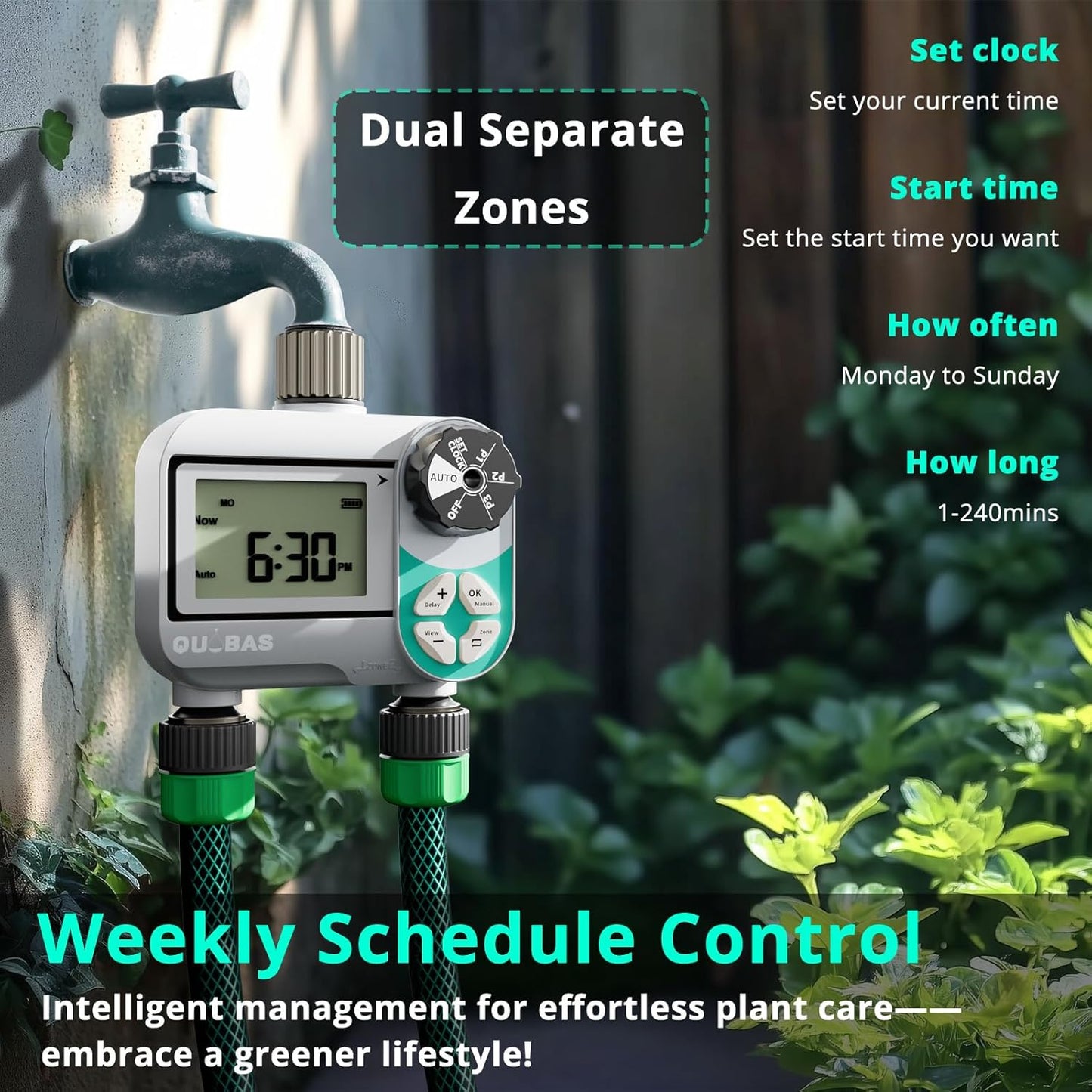 QUOBAS Weekly Plan 2 Zone Sprinkler Timer with Metal Inlet & Outlet, Water Timer for Garden Hose with Rain Delay/Manual Watering/Automatic Watering Controller System for Watering Lawn, Yard, Garden