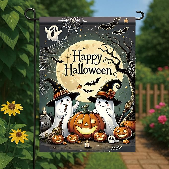 Halloween Garden Flag Funny Ghost Pumpkin Witch Hat Outdoor Yard Decoration Happy Halloween Banner 12x18 Inch Double Sided Holiday House Lawn Flag Vertical Seasonal Yard Sign Decor