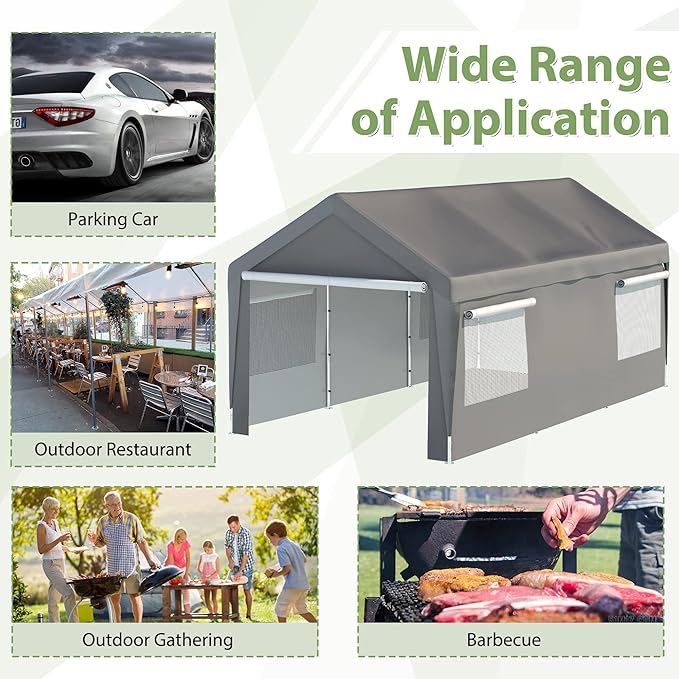 10'x20' Heavy Duty Carport, Garage Car Canopy, with Roll-up Ventilated Windows, Car Shelter w/Side Tarps for Car, Truck, Boat,Gray