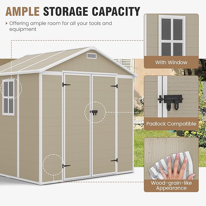 Outdoor Storage Shed, 8x6 FT Resin Shed with Floor Included and Lockable Door, Window & Vents, Tool Sheds, Outdoor Storage for Bike, Garden Accessories, Tools, Waterproof (Light Brown)
