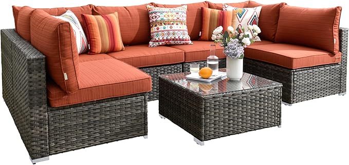 HOOOWOOO 7 Piece Patio Sectional Furniture Set,Modern Wicker Outdoor Conversation Sofa Sets,Weather Resistant Modular L Shaped Outside Couch Table Set(Orange Red)
