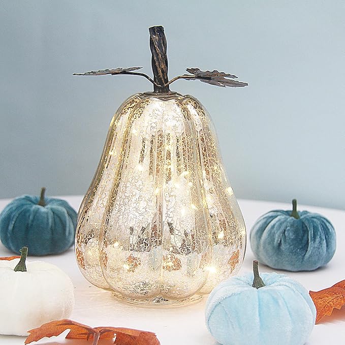Mercury Glass Pumpkin Lights with Timer, Battery Operated Led Pumpkin Lights for Halloween Fall,Thanksgiving Rustic Decor (Silver Leafy, 9")