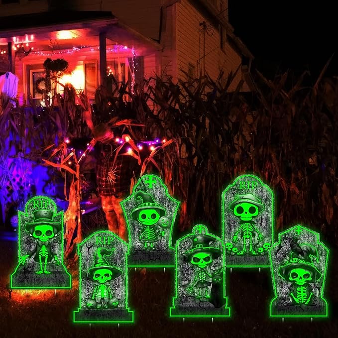 6pcs Glow in The Dark Halloween Tombstones Decor Outdoor or Indoor: 11x16.53, Skeletons, Black Cat, Crow, Waterproof Scary Light Up Gravestones for Home, Party, Cemetery Halloween Decor