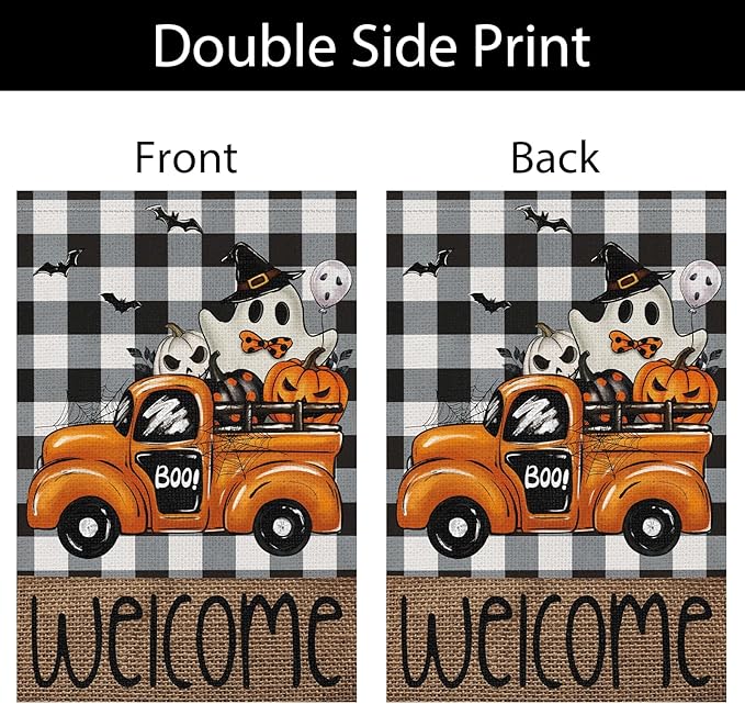 Welcome Halloween Garden Flag 12x18 Inch Double Sided for Outside，Buffalo Plaid Rustic Ghost Pumpkin Truck Flag Farmhouse Yard Outdoor Decoration