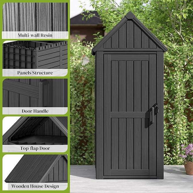 Upgraded Outdoor Resin Storage Shed with Removable Shelves, Lock Ring & Reinforced Floor - All-Weather Garden, Patio Cabinet (Black)