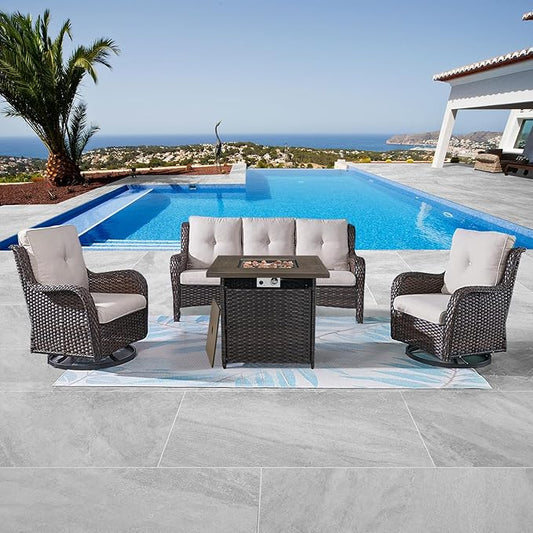 Patio Furniture 4 Piece, All-Weather PE Wicker Outdoor Furniture Set with CSA Certified 30in Propane Fire Pit Table,Outdoor Patio Furniture with Swivel Rocking Chairs