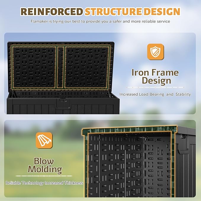 Flamaker Resin Deck Box 250 Gallon, Waterproof Imitation-Wood Lockable Storage Box with Separator Plate Outdoor Indoor, Garden, Patio Furniture for Tools&Pool Accessories (Black)