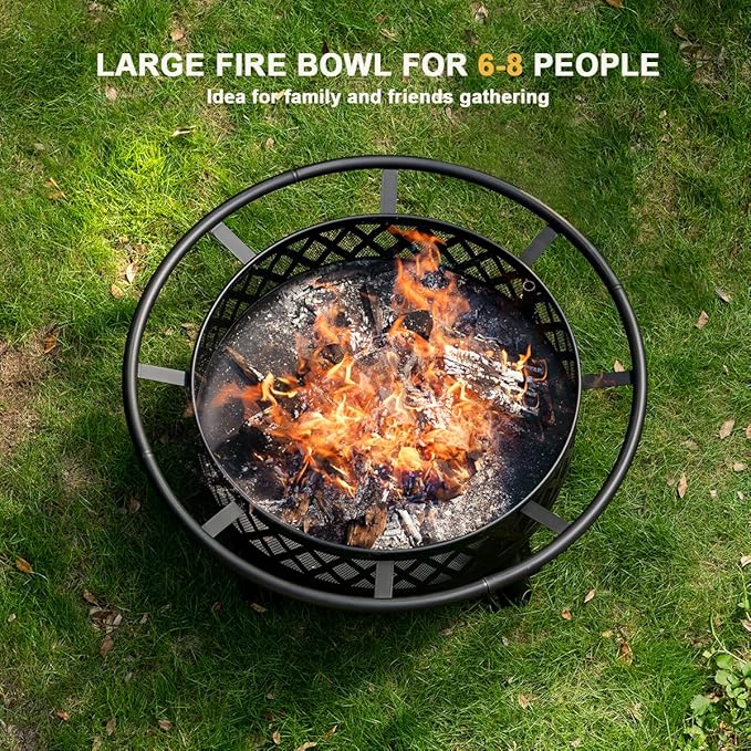 38 Inch Wood Burning Fire Pit for Outside, Round Firepit with Grill & Metal Lid, Metal Outdoor Fire Pit Table for Patio Backyard Garden Bonfire Party