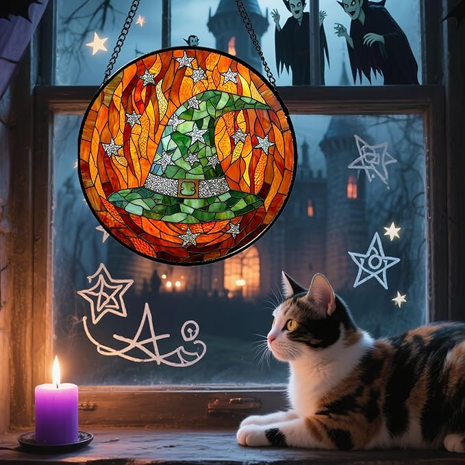 Stained Glass Window Hanging - Halloween Decorations Witch Hat Suncatcher for Doors Garden Indoor Spooky Funny Green Sun Catchers Gothic Decor Horror Gifts for Women Men Friend 6.3 in