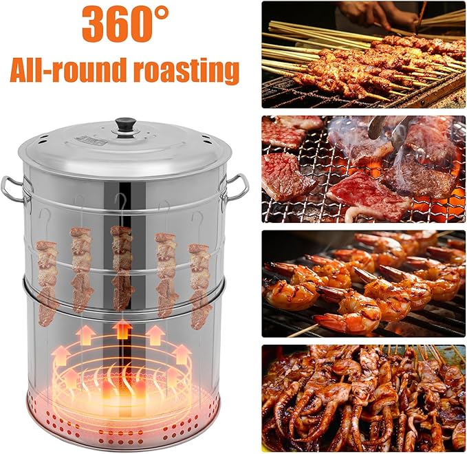 Large Portable Charcoal Grills, Stainless Charcoal BBQ Grill Barrel 360° Smokeless Outdoor with 50 Skewers, Boiling Pot Barbecue Smoker Grill for Travel, Outdoor Cooking and BBQ