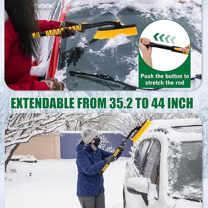 44" Ice Scraper and Snow Brush for SUV, 360° Pivoting Extendable Long Snow Brush for Car, Snow and Ice Scrapers for Windshield with Ergonomic Foam Grip for Car Truck SUV(Yellow)