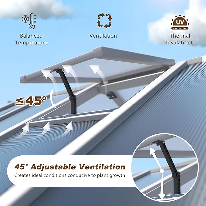 6x10 FT Green House for Outdoor, Thicken Polycarbonate Panel Wooden Walk-in Greenhouse Kit with Lockable Door and Adjustable Roof Vent, Backyard Garden, White